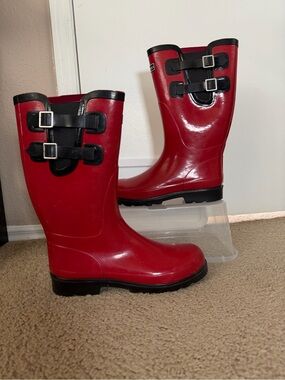 Women's Red Rain Boots with Buckle Trim 9